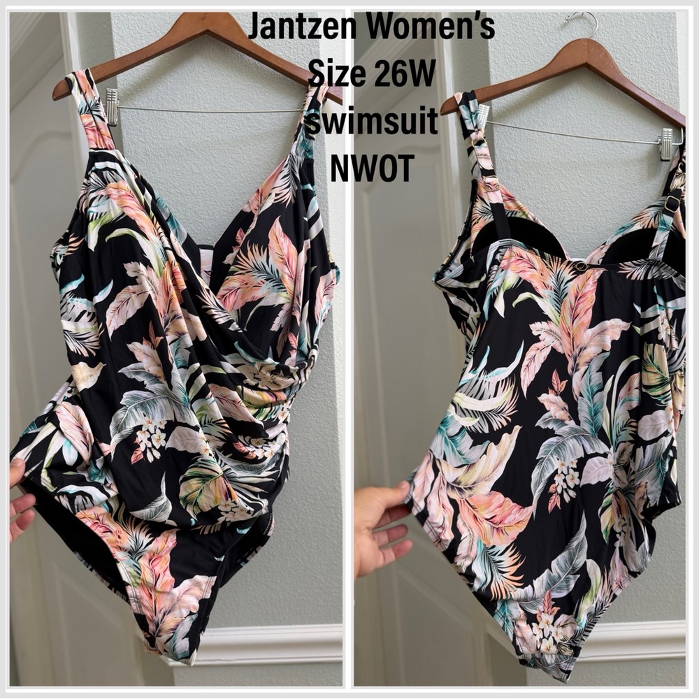 Jantzen swimsuit 26W plus size women 1 piece tummy control UPF50 black pink NWOT